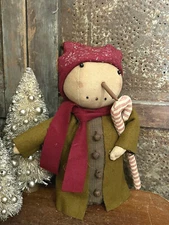 Rustic Christmas Grubby Primitive Stump Doll Snowman Green Coat Rusty Bells Mica