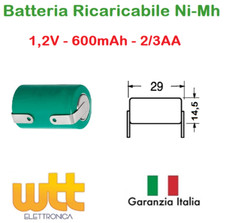 BATTERIA RICARICABILE NI-MH 2/3AA 1,2V 600mAh 14x29mm A SALDARE