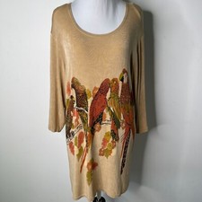 Remake Women's Tan Long Sleeve Birds Print T-Shirt Short Dress Size Large