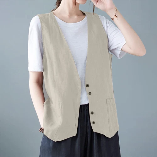 Mujeres Algodón Lino Sin Mangas Chaleco Abrigo Damas Botones Chaleco Informal Camiseta sin Mangas - Imagen 40 de 45