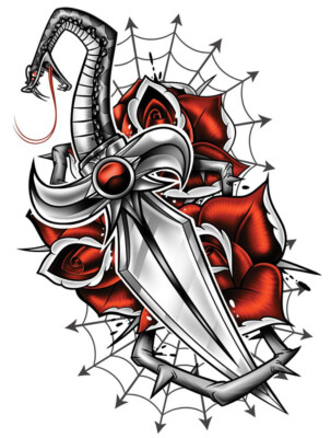 ''BGR'' Temporary Tattoo, Snake Dagger with Red Roses on Spider Web, USA Made