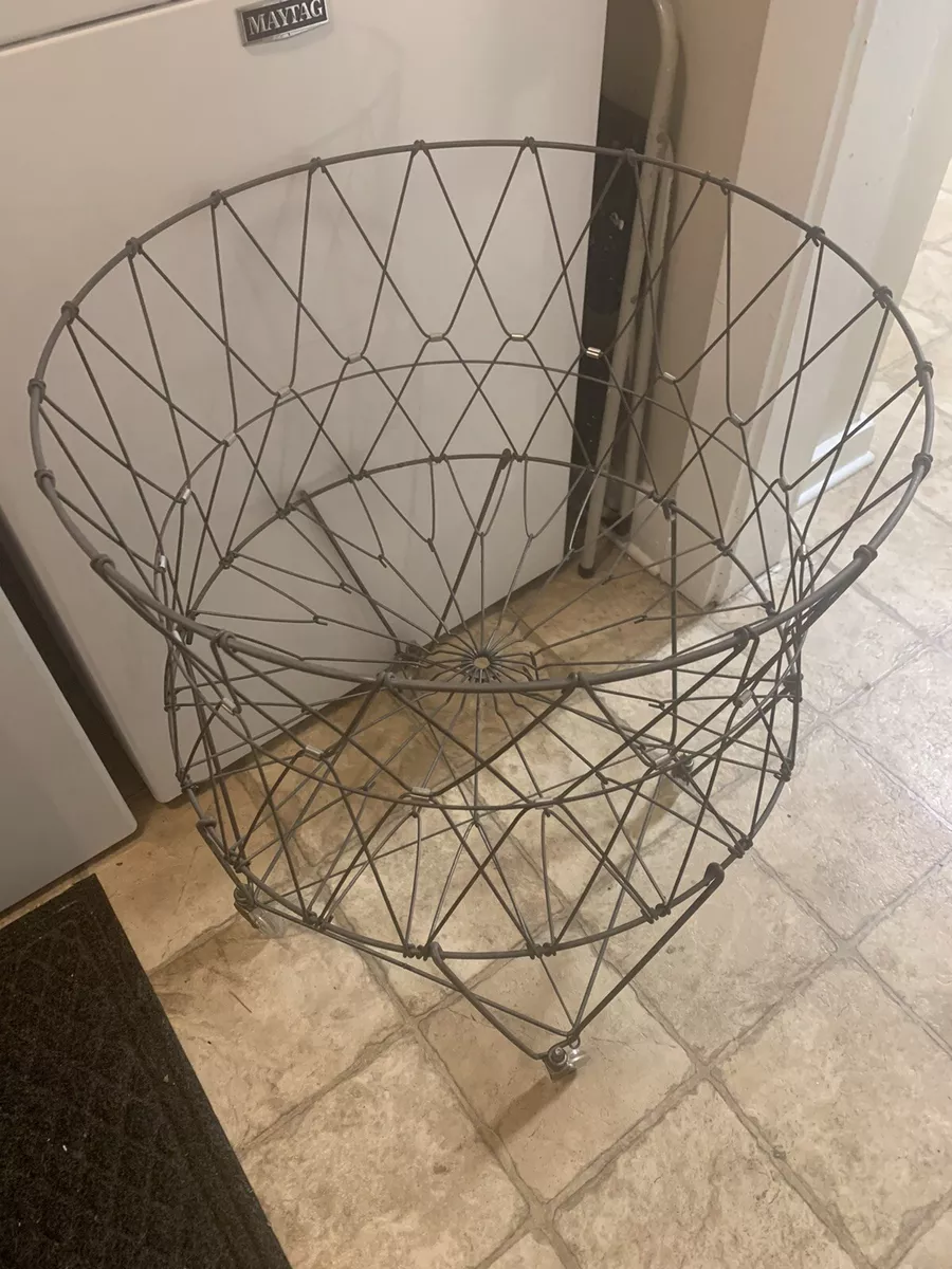 2 Vintage Farmhouse Metal Wire Collapsible Laundry Cart Basket on Wheels Bissick