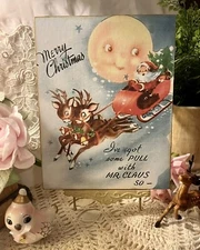 Santa Sleigh,  Happy Moon, Retro Christmas, Handcrafted Plaque / Sign