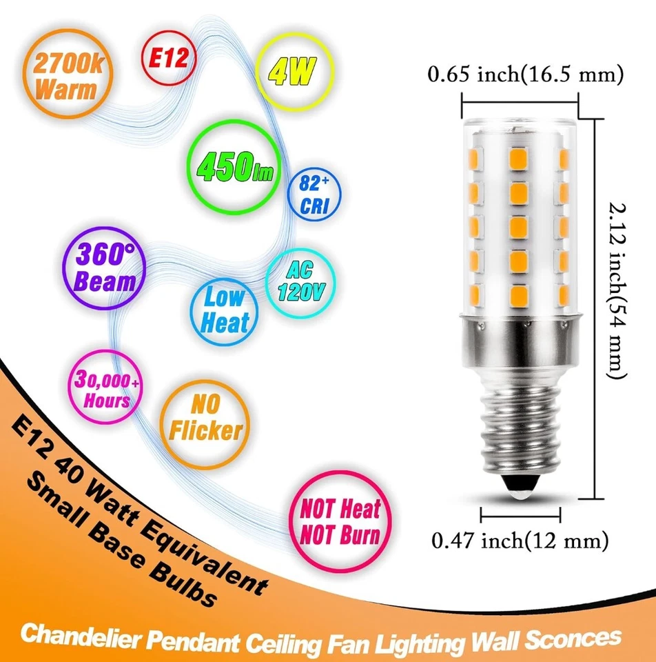 40W E12 Led Candelabra Bulb Warm White 2700K for Wall sconces 120V Pendant 4 Pk - Image 2 of 2