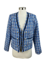 Express New Blue Plaid Boucle Eyelash Tweed Jacket Silver Button Size Small