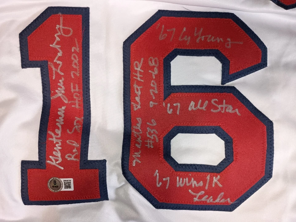 Jim Lonborg Boston Red Sox Firmado #16 CAMISETA ESTADÍSTICA XL 6 Inscripciones Beckett BAS Foto 2 de 4