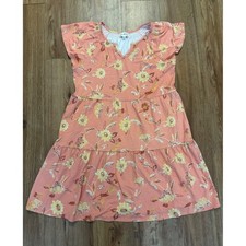 Wonderly Peach Floral Tiered Babydoll Dress Flutter Sleeve Split Neck Medium
