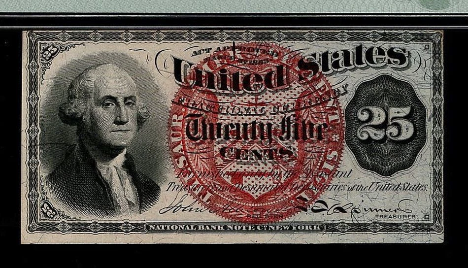 US 25c Fractional Currency 4th Issue Fr. 1303 Blue Right End 40mm Seal PMG 58 - Image 3 of 4