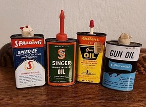 Vintage Advertising Cans -Lot of 4 OIL- Sewing Machine Oil, Gun Oil, Mitt, Glove