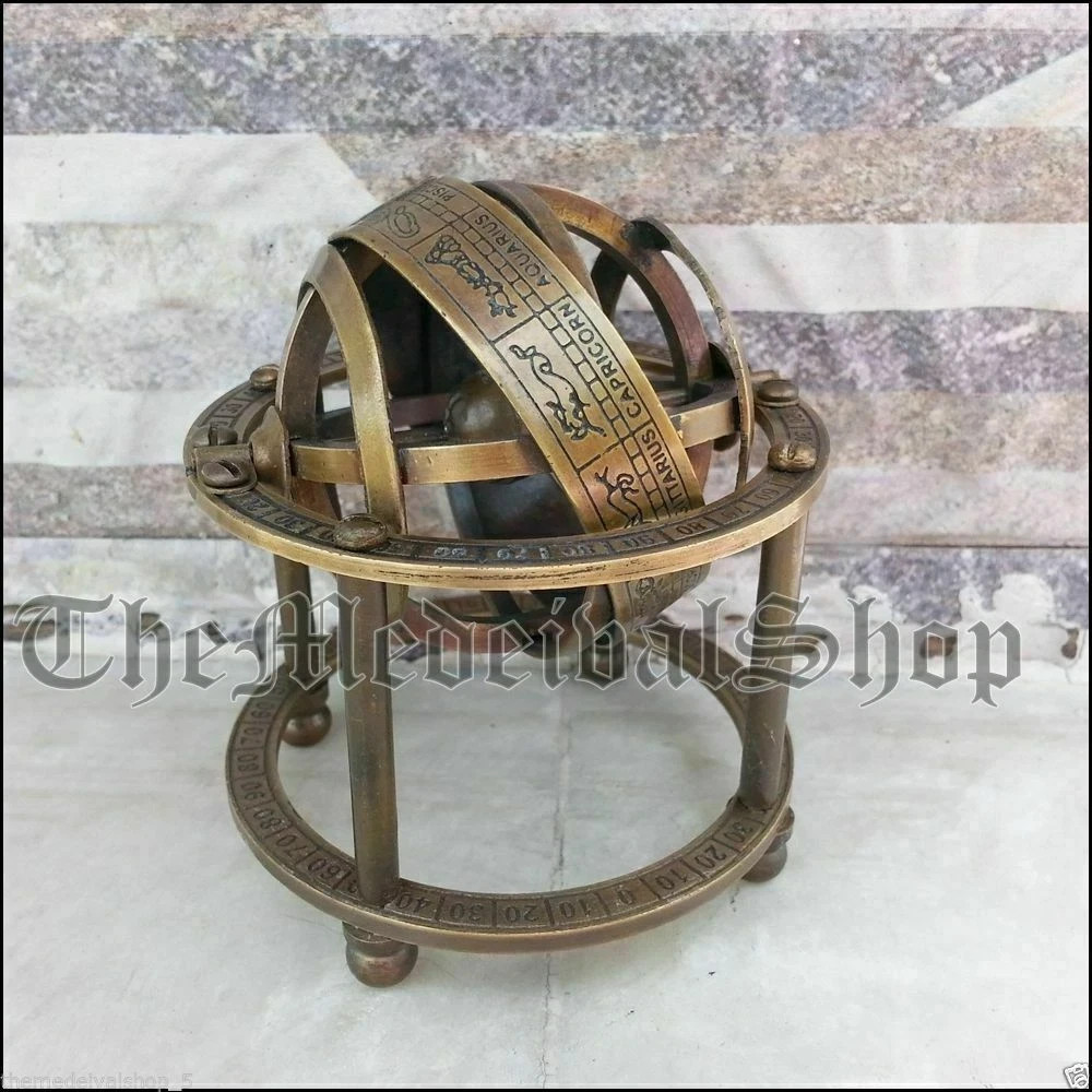 Astrolabe Antieke Armillary Messing Desktop Globe Sphere Houten Base Vintage Gift