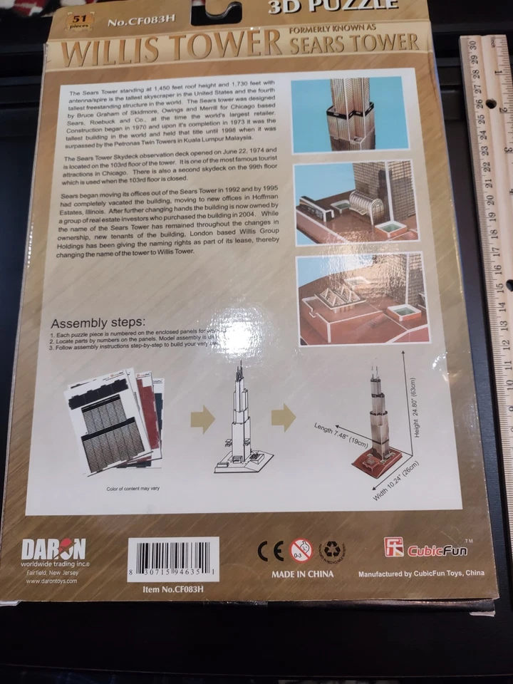 3D Puzzle Game Willis Tower (Sears Tower) 51 Pieces - Item Number CF083H Daron - Image 2 of 2