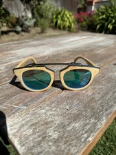 Celine Style Wooden Cat Eye Sunglasses with Green Mirrored Polarized Lenses