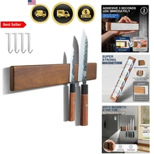 Magnetic Knife Holder Wall Mount Acacia Wood Storage Rack with Hooks
