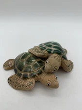 Vintage Peru Green Enamel Clay TURTLES Figurine