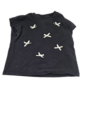 Unbranded Girls 140 Black Bow Applique Top Short Sleeve Cotton Shirt