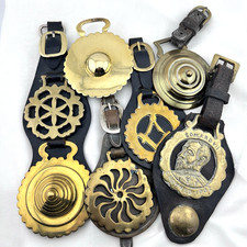 Brass Horse Medallion Antique to Vintage Sun Boss Wheel Compass Lot of 7 Leather