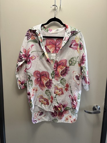 Milio Milano White Pink Floral Linen Tunic Blouse Collared Button 3/4 Sleeve XS