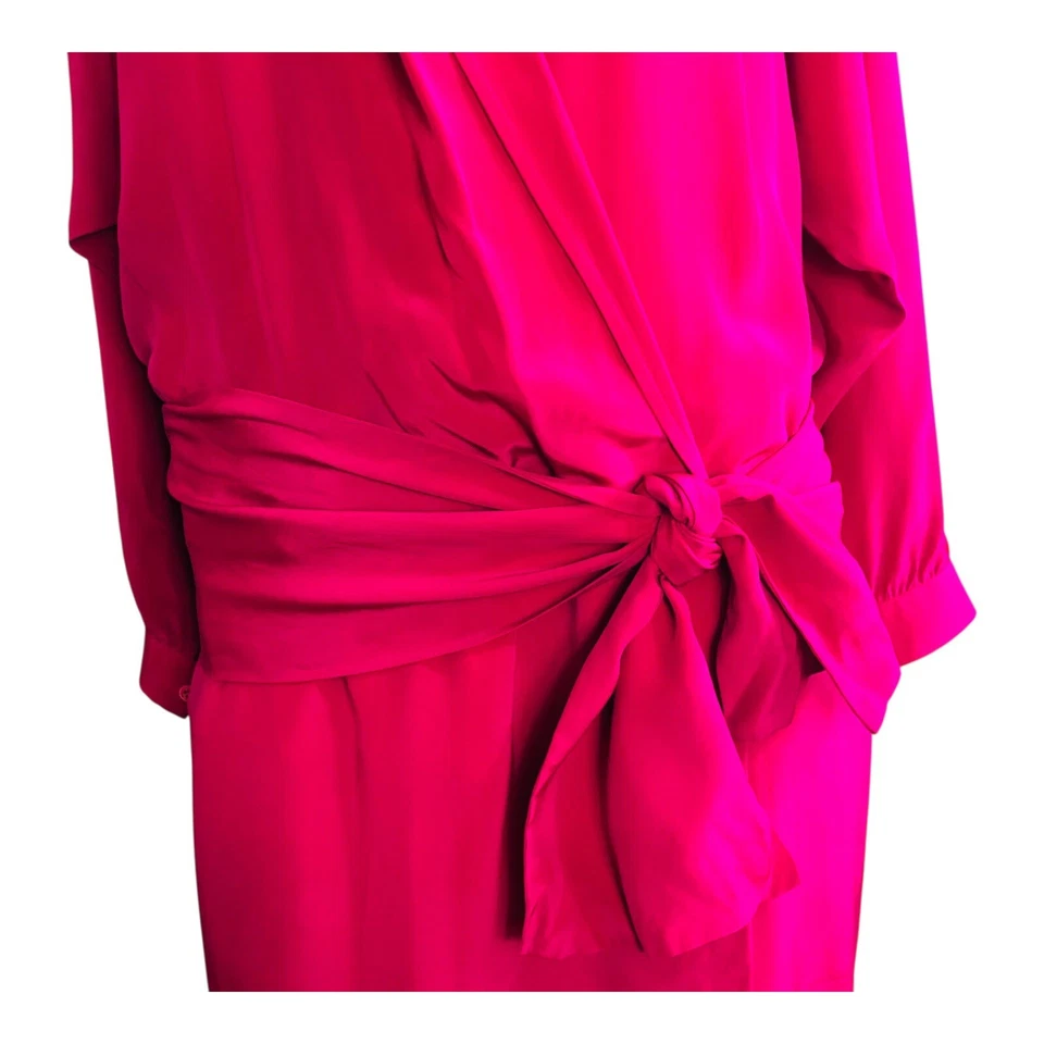 Vestido de Cóctel Vintage Liz Claiborne Seda Rosa Caliente Talla 8 Manga Larga Midi Foto 4 de 4