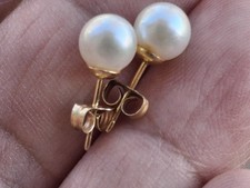 Cute 14K Solid Yellow Gold Pearls Stud Earrings 7 mm