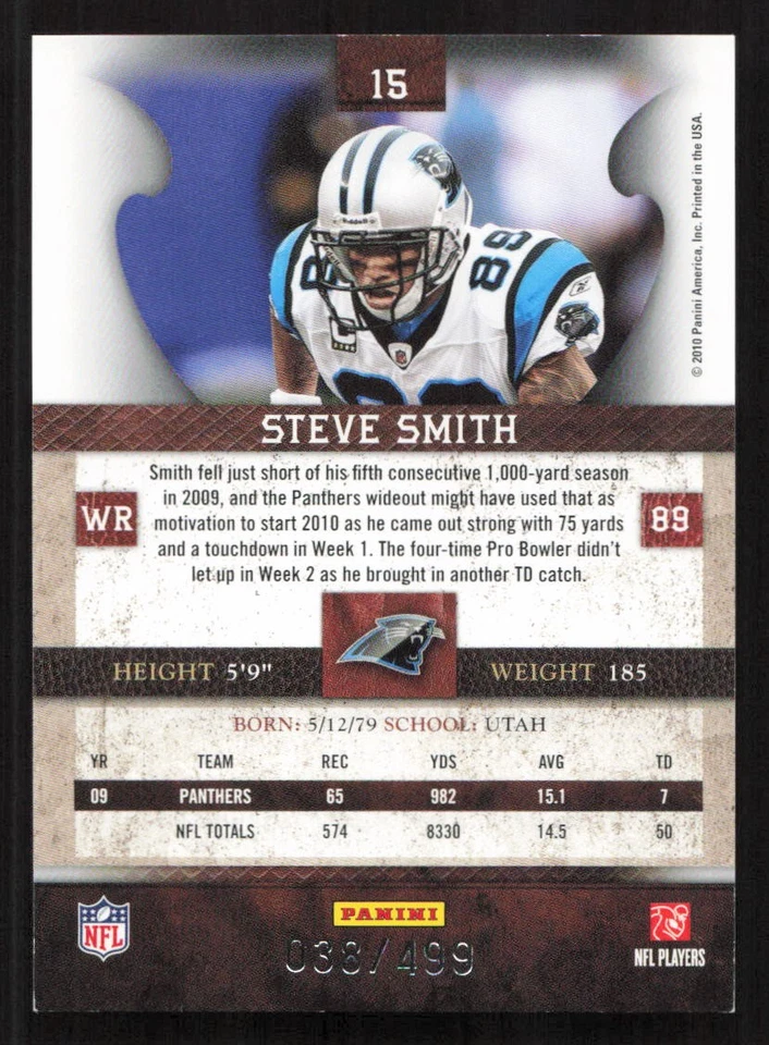 2010 Panini Plates & Patches Steve Smith #/499 #15 Card - Image 2 of 2