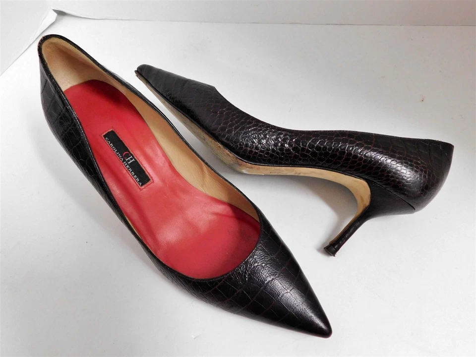 Carolina Herrera Brown Alligator Embossed Leather Pumps 37 - Image 2 of 4