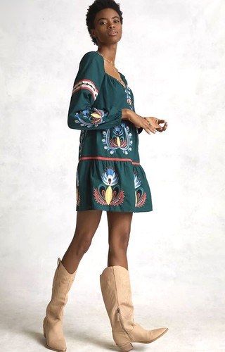 Anthropologie Let Me Be Embroidered Tunic Dress Ruffled Green Blue Pink XL  NWT | eBay