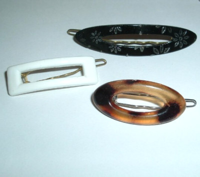 3 Vintage Tortoise White and Black Celluloid Post Clip Hair Barrettes