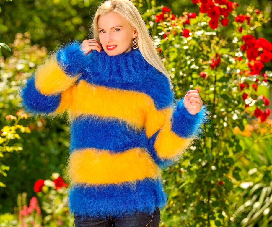 Yellow blue striped mohair sweater fuzzy hand knitted pullover