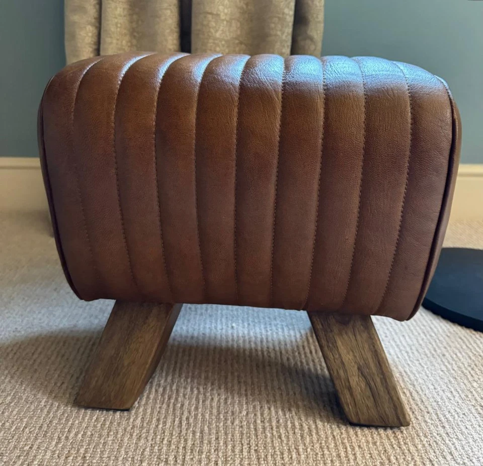 Brown Leather Stool / Footstool Wood Legs Pommel Horse Style Retro Vintage - Image 3 of 4