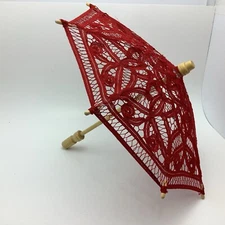 Victorian Red Mini Umbrella Wooden Handle Lace Embroidery Cotton Sun Parasol