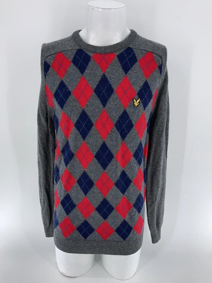 Lyle & Scott Argyle Crew свитер M мужчин серый синий красный шерсти длинный Slv Великобритании YGI N4-144 - Изображение 2 из 4