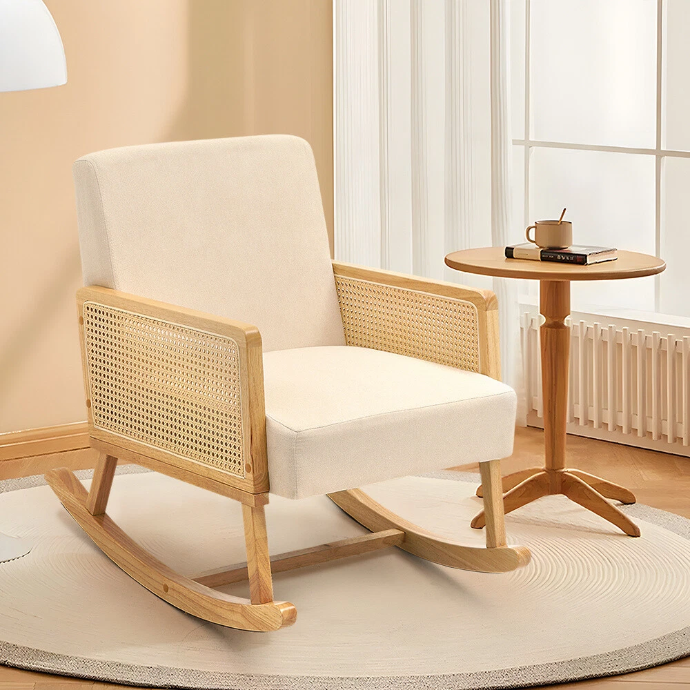 Solid Wood Armchair Modern Country Style Woven Rattan Rocking
