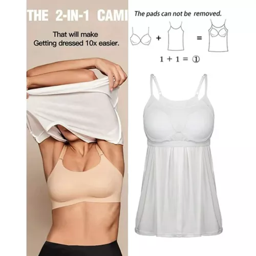 Women Flowy Pleated Camisole with Built-in Bra Loose Casual Sleeveless Tank Tops - Picture 10 of 48