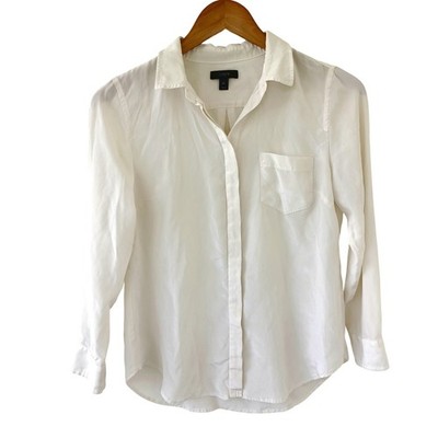 J.Crew Womens 100% Silk Hidden Button Down Blouse Ivory Off White Petite 8P