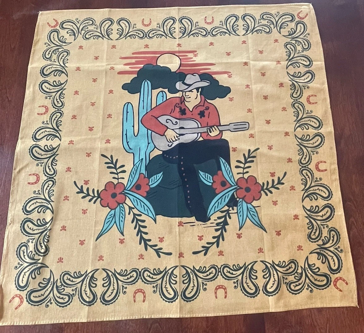 Wild West Cowboy Print 100% Cotton Bandana 22" Square Scarf Camping