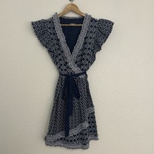 Express Eyelet Sundress Size S Blue Belted Ruffle Mini Faux Wrap Dress Cottage