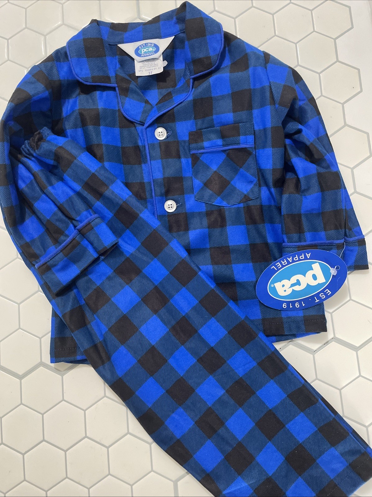 PCA Apparel Vintage 2pc Blue Buffalo Checkered Pajamas Boys 3T Toddler