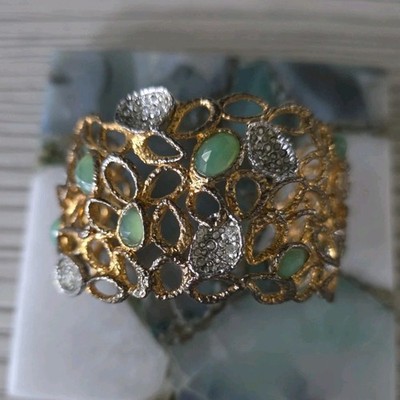 Gold Tone Cuff Bracelet with Green Oval Stones and Silver Accents