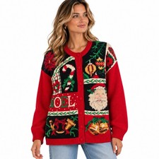 Vintage 1995 Tiara International Christmas Cardigan L Red Holiday Kitsch Santa
