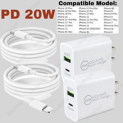 For iPhone 14 13 12 11 XR X 8 USB Type C 20W Fast Charger Adapter Block PD Cable