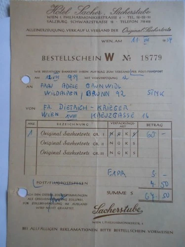 Wien, Hotel Sacher, Sachertorte, Rechnung, Wildalpen