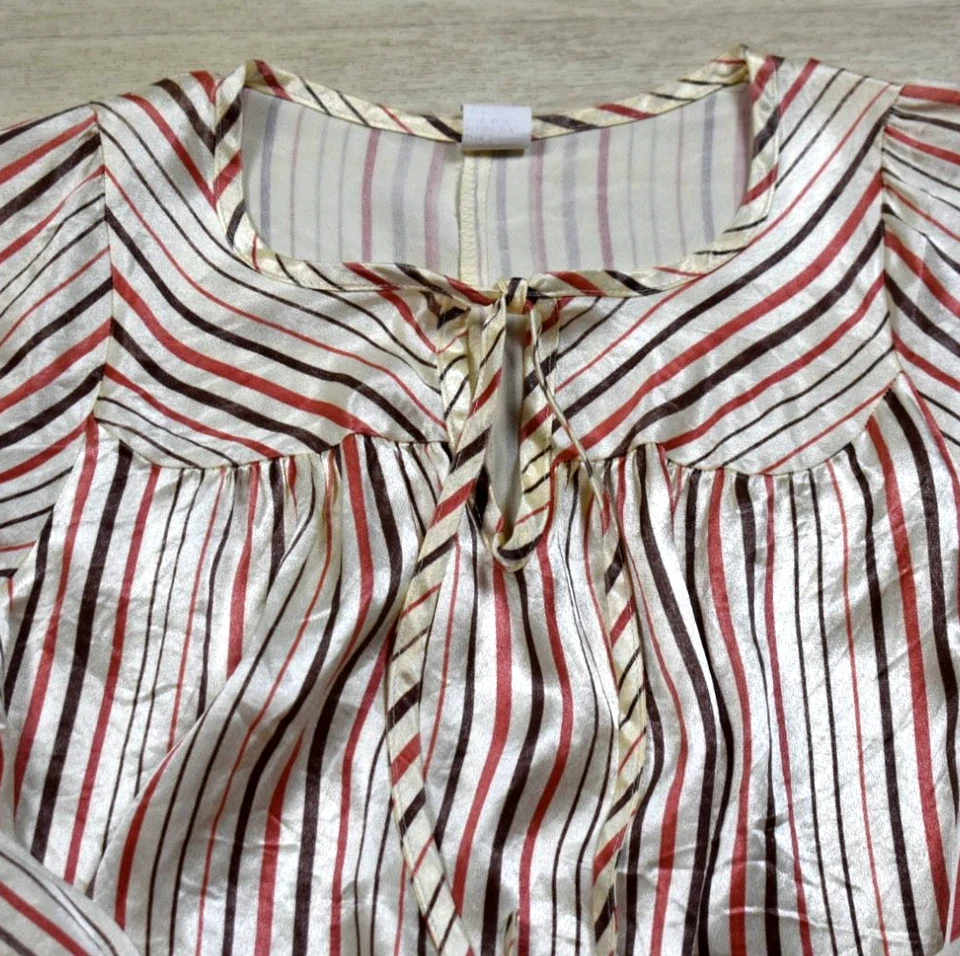 60s Satin Boho Blouse Striped Fowy Bell Sleeve Medium Hippy VTG - Image 2 of 4