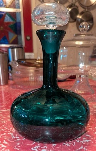 BLENKO Mid 20th Century Hand-Blown Aquamarine Glass Decanter #873