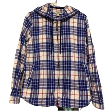 L.L. Bean Women's Blue Plaid Relaxed Fit Flannel Hooded Full Zip Jacket Pet. M