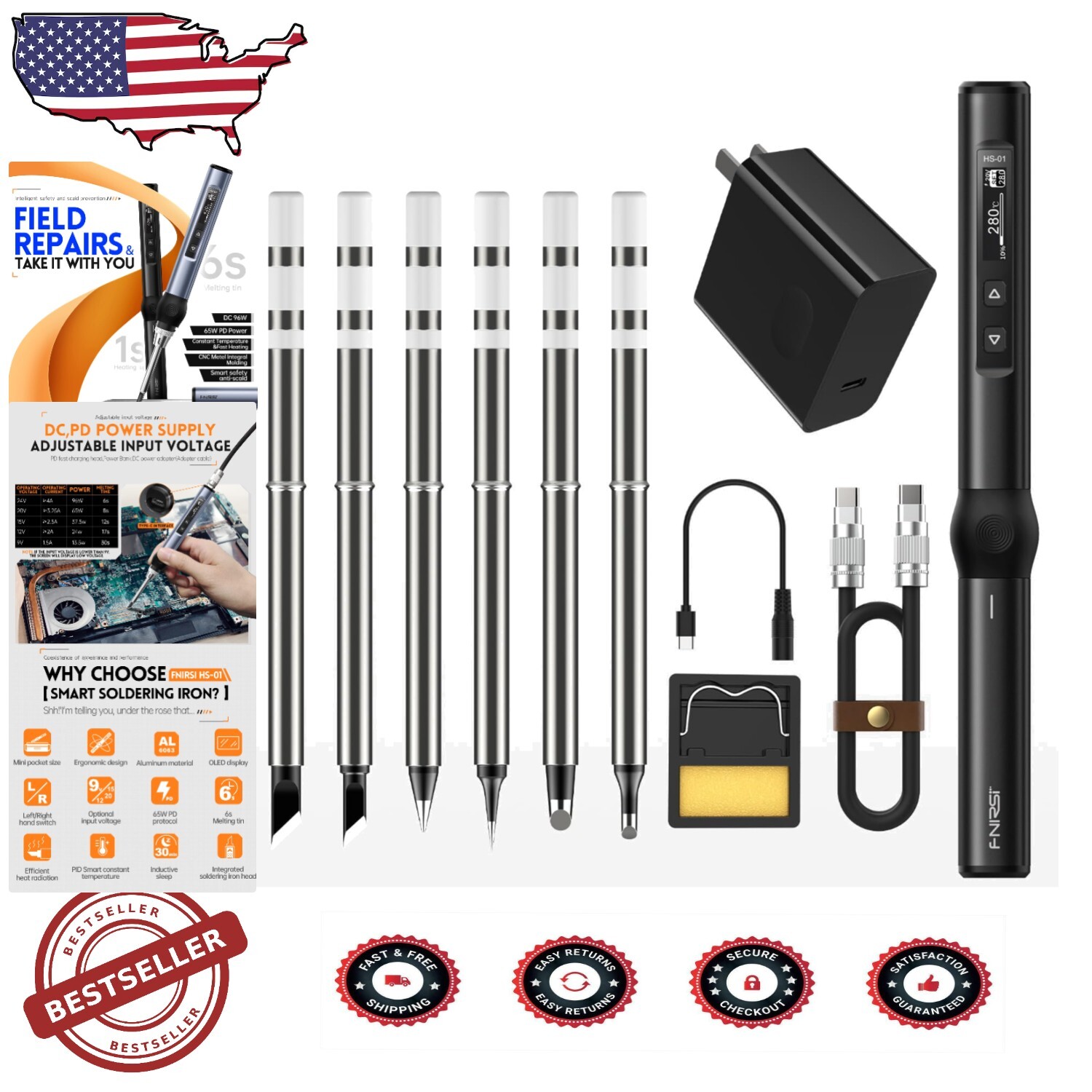 Fast-Heating Digital Soldering Iron Kit with 6 Tips & OLED Display