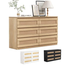 Modern Wooden Rattan 6 Drawer Dresser for Bedroom, Modern Wide Chest of Drawers