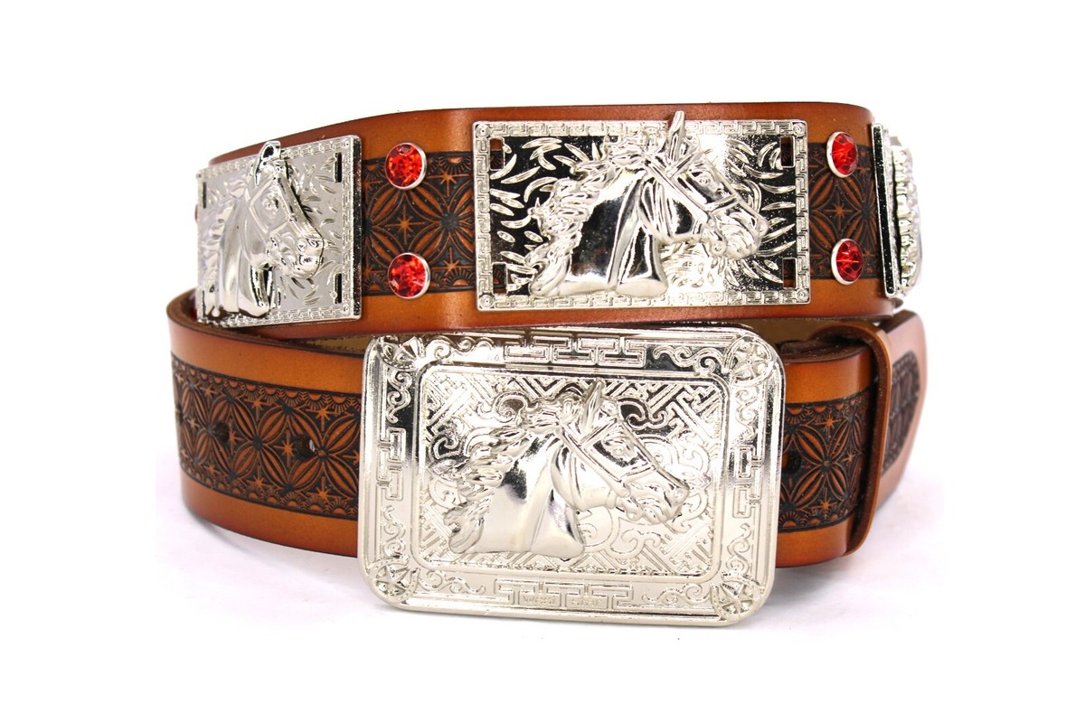 West Star Texas Concho Brown Belt Horse Head Red Rhinestones 