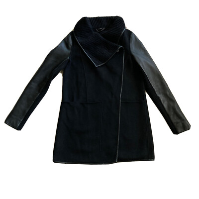 Mackage Coat sz S/P Black Double Breast Classic Wool Owl Neck Jacket Leather