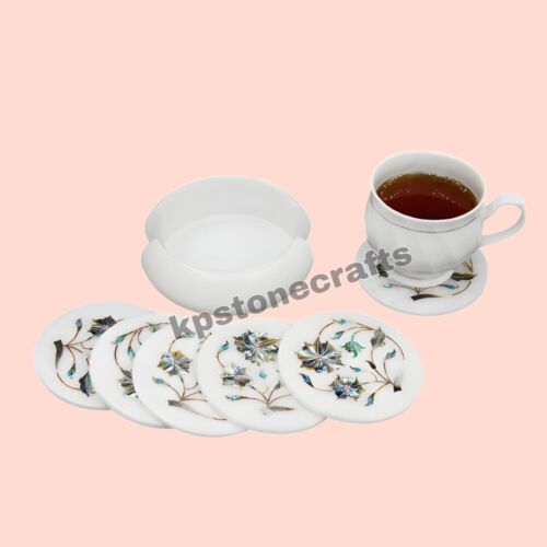 4"x4"Handmade Round White Marble Coaster Set Inlaid with Paua Shell & Gemstones - Picture 3 of 6