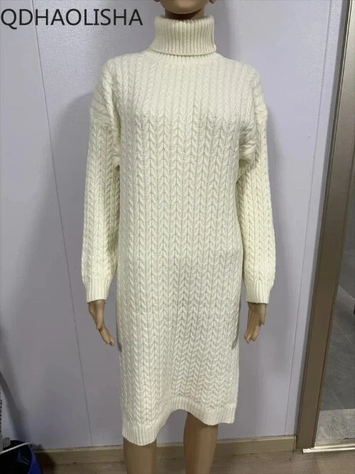 OFF WHITE Maglione donna abiti casual collo alto sciolto caldo pullover abito lungo vestiti